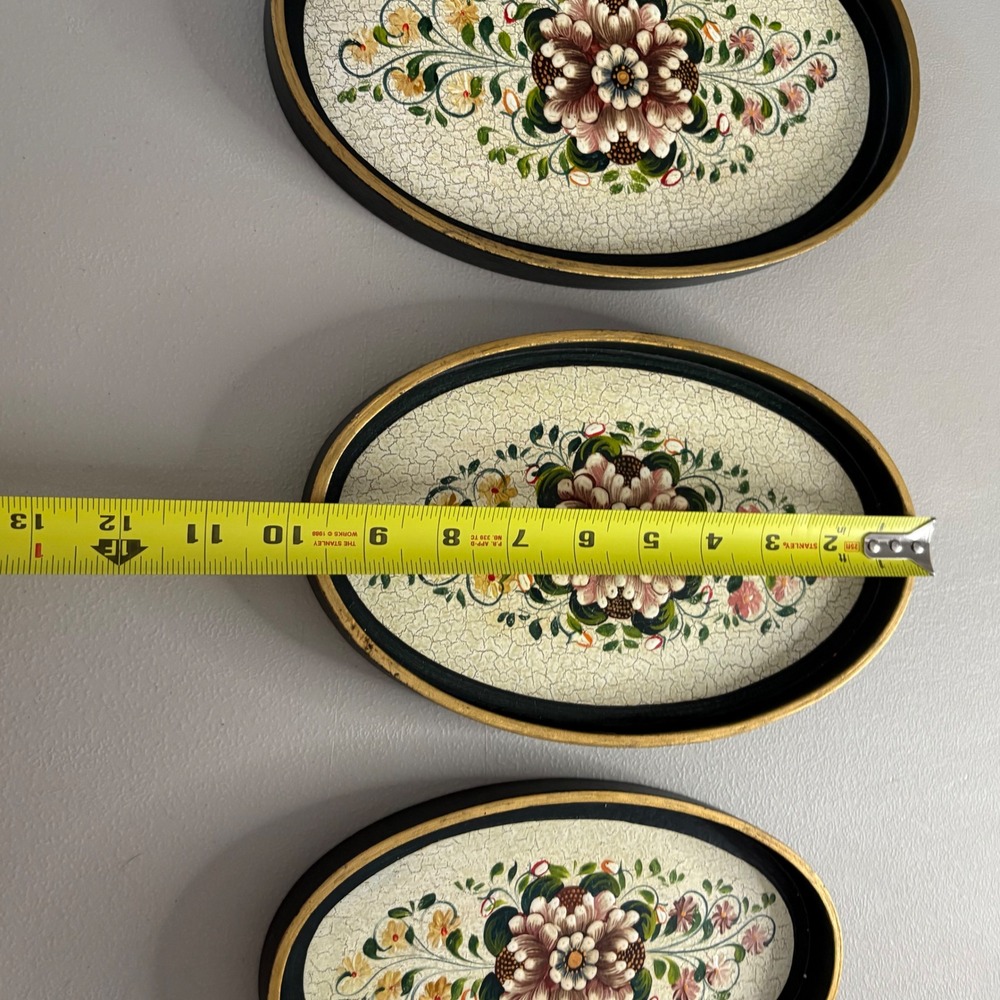 Vintage‎ Floral Hand Painted Nesting Trays Set of 3 Oval Black Gold Crackle Folk - Picture 14 of 16
